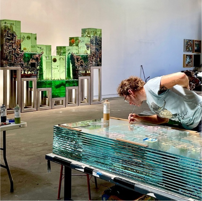 Dustin Yellin in his studio at Pioneer Works, Red Hook, Brooklyn.
